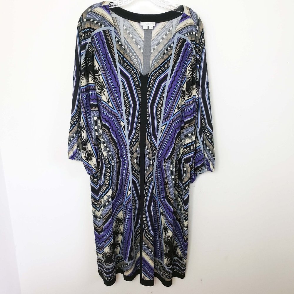 Abstract Geometric Print Purple Black Midi Dress